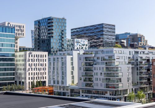 Oslo, Norway - August 2, 2024: Skyline of the buildings of the Barcode Project, part of the Bjørvika area of the Fjord City redevelopment in central Oslo as seen from the Oslo Opera House